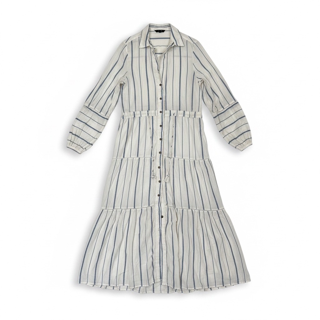 Massimo Dutti Striped Maxi Dress Womens 4 Cream Blue Exc. Tiered Cotton Boho